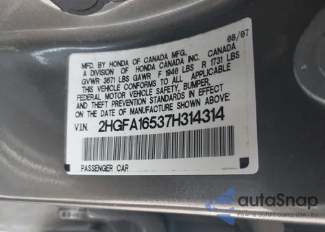 2007 Honda Civic Lx z USA, uszkodzony, nr VIN 2HGFA16537H314314